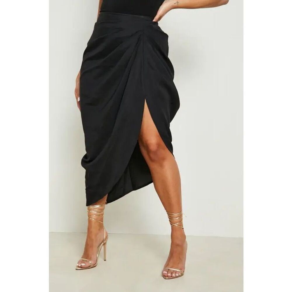 🐿️ Boohoo Black Ruched Front & Back Midi Skirt Plus Size 14